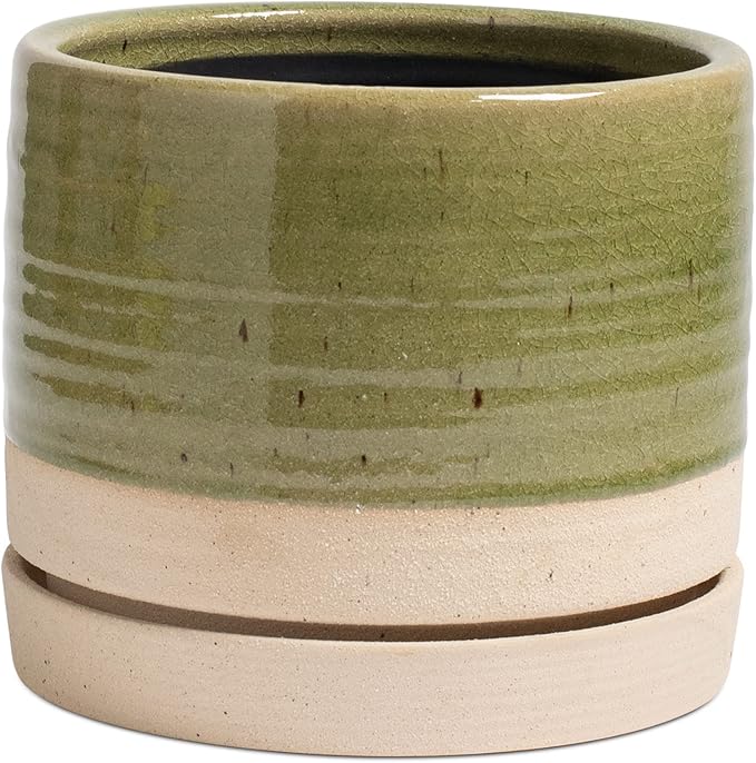 HERDUK 8 Inch Pots for Plants, Ceramic Planter Pot with Drainage Hole & Saucer, Indoor/Outdoor Cylinder Round Planter Pot, Green & Beige