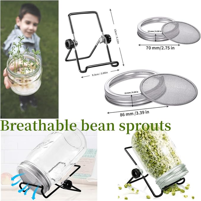 Lulonpon 2pcs Sprouts Growing Jar Kit, Wide Mouth Quart Mason Jars with Stainless Steel Screen Sprout Lids, 86mm,1000ml,Stand,Tray and Canning Brush,Seed Sprouter Set for Broccoli, Alfalfa, Mung Bean