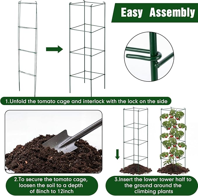 Hicarer 16 Pack Square Tomato Cage Heavy Duty Tomato Cages for Garden Vegetable Plant Trellis Stakes Plant Support Stake Tower for Climbing Vegetables Plants Flowers Fruit (11.5 x 46 Inches,Green)
