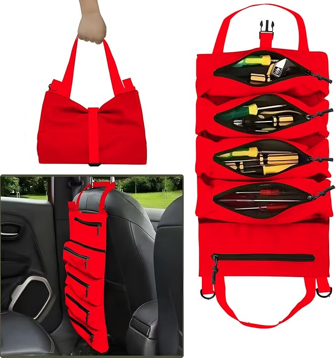 Roll-Up Tool Storage Bag, Nylon Gardening Organizer with 5 Pockets, 11x18 Inch, Portable Hanging Design for Outdoor Maintenance, School, Work (54hong)