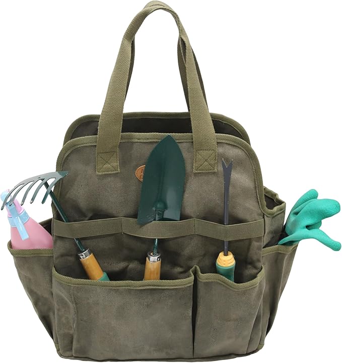 Waxed Canvas Utility Tote Bag, Large Capacity Multi-Pocket Garden Tool Bag, Heavy Duty Waterproof Work Tote for Camping, Gardening, Organizer Storage Bag for Men Women, Army Green