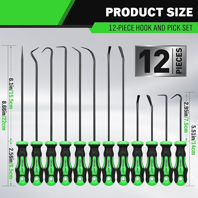 12-Piece Pick and Hook Tool Set, Automotive Mechanic Tools, Car Auto Oil Seal/O-Ring Seal Hook Kit, Lock Pick Set, Mini & Long Precision Hooks for Hoses, Gaskets, Seal Puller Removal