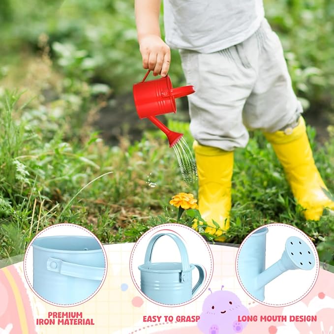 Kids Watering Can Metal Small Watering Can for Indoor Plants, Iron Mini Water Bottle for Garden Yarde Home Plants Flower Bonsai Pots (Red and Light, 2PCS)