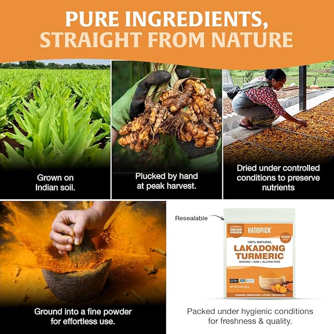 HANDPICK Lakadong High Curcumin Turmeric Powder (226g/ 8oz) Non GMO, Gluten Free, 100% Raw, Sourced from India, High Curcumin, Premium Quality, Packed in Resealable Ziplock Pouch