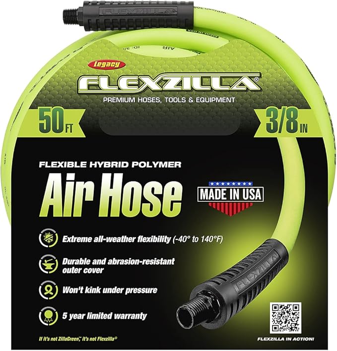 Flexzilla Open Face Retractable Air Hose Reel, 3/8 in. x 50 ft., Heavy Duty, ZillaGreen - L8611FZ & Air Hose, 3/8 in. x 50 ft., 1/4 in. MNPT Fittings, Heavy Duty, Lightweight, Hybrid, ZillaGreen
