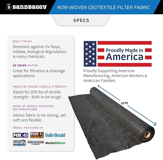 Sandbaggy Non Woven 8 oz Geotextile Landscape Fabric | Made in America | 50 Year UV Protected Industrial Grade Fabric | 205 Lbs Tensile Strength | DOT Approved (15 ft x 50 ft Roll)