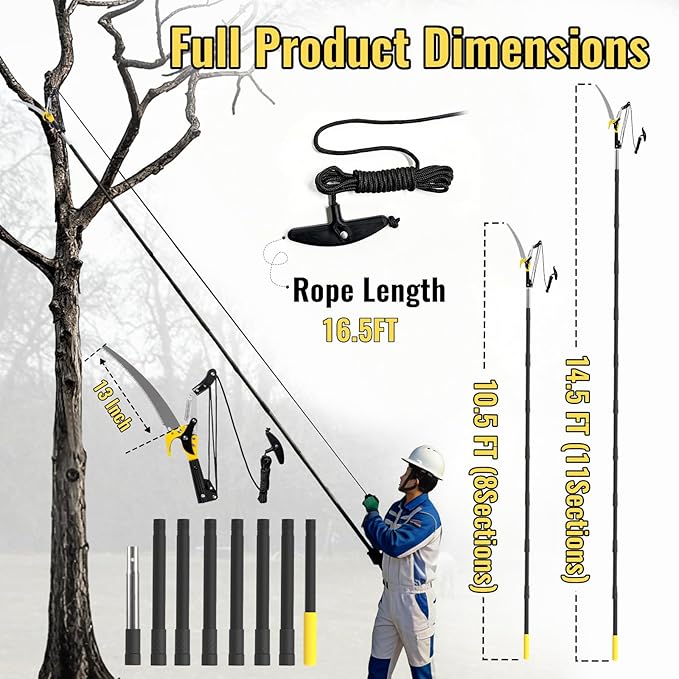 10.5FT Pole Saw for Tree Trimming, 2-In-1 Manual Tree Pruner with Saw, Extendable Long Handle Pole Tree Trimmer, High Reach Limbs Branch Cutter and Pruning Shears for Yard Garden Palm Shrubs
