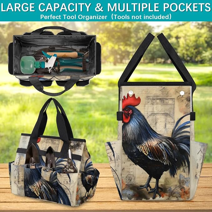 Garden Tool Bag Organizer Garden Tote Bag with Pockets Rooster Watercolor Flowers Tool Storage Organizer Gardening Tool Kit Holder 13" x 6.8" x 2.8"