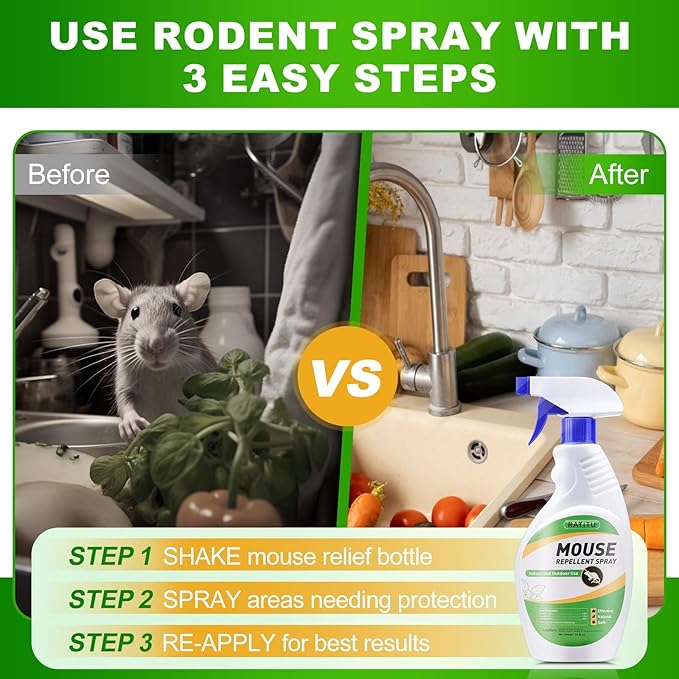 Natural Peppermint Oil Spray for Rodents 16 Oz, Mice Repellent Indoor/Outdoor, Squirrel Repellent Spray Mouse Rats Prevention On Home Yard Garage Warehouse Cars
