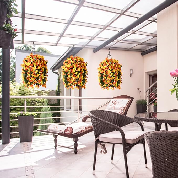 INQCMY Artificial Hanging Flowers Basket for Spring Summer Outdoor Decor,Faux Silk Begonia in Planter Look Real UV Resistant for Porch Home Patio Garden Yard Decoration