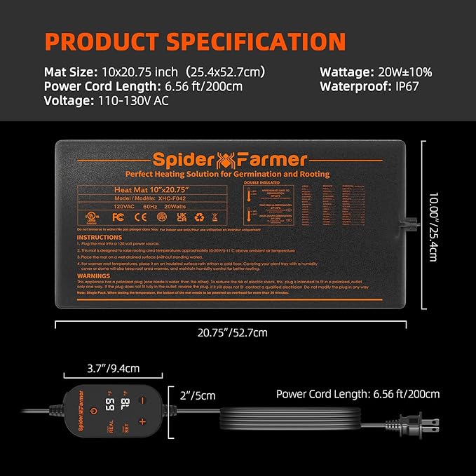 Spider Farmer Seedling Heat Mat 10"x20.75" with Built-in Temperature Controller Waterproof Plant Heating Pad for Indoor Seed Starting Germination Hydroponics, Greenhouses and Brewing