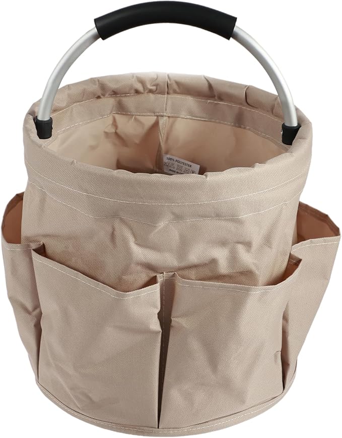 Gardening Storage Tote with Handle and 6 Pockets, Folding Garden Tool Basket, Storage Bag for Outdoor Picnic Organizer, 17L Cleaning Organizer, Bathroom Organizer, Garden Tool Kit Holder (Khaki)
