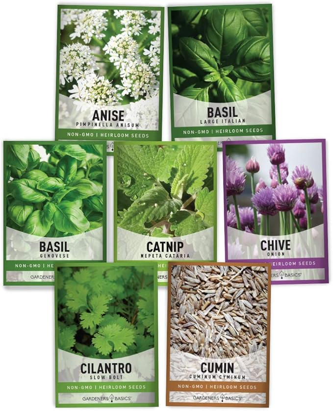 Gardeners Basics, 15 Herb Seeds for Planting Varieties Heirloom Non-GMO 5200+ Seeds Indoors, Hydroponics, Outdoors - Basil, Catnip, Chive, Cilantro, Oregano, Parsley, Peppermint, Rosemary and More