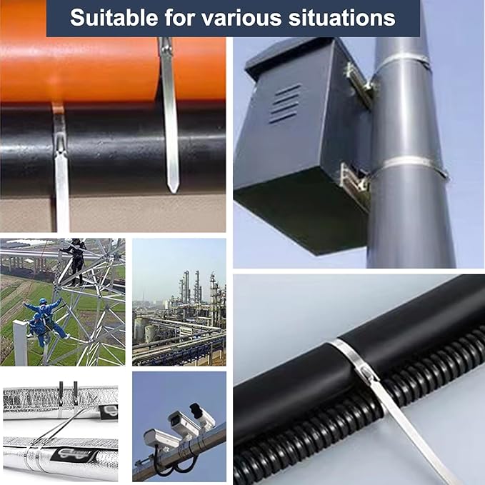 100-Pack Metal Zip Ties 11.8 inch, Heavy Duty 304 Stainless Steel Self-Locking Cable Ties for Outdoor Use, Multifunctional Cable Ties for Exhaust Wrap, Chain Link Fence Parts, Farms, Pipes