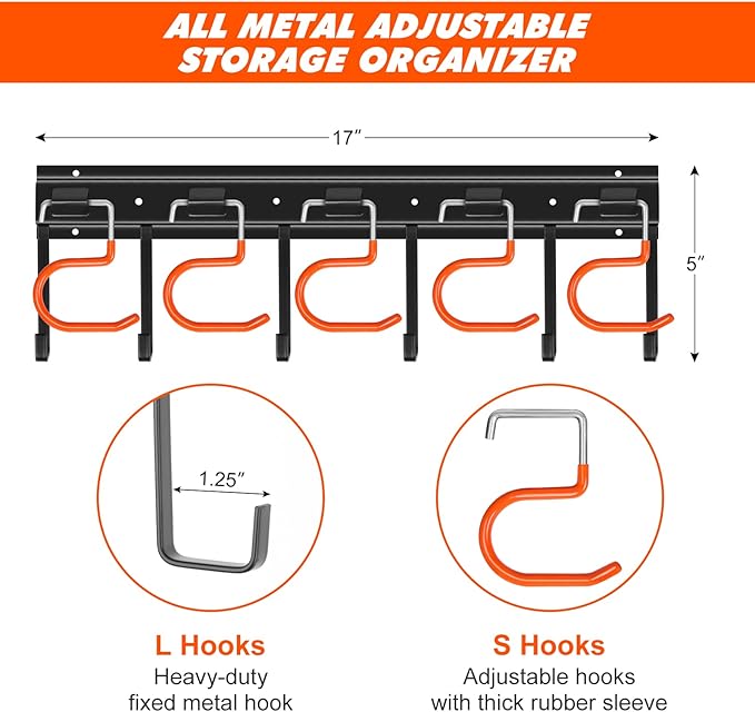 68'' All Metal Garden Tool Organizer Adjustable Garage Tool Organizer Wall Mount Garage Organizers and Storage with Heavy Duty Hooks Tool Hangers for Garage Wall, Shed, Garden