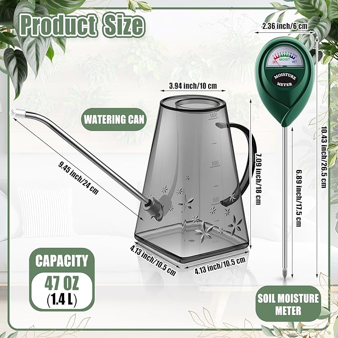 Indoor Plants Watering Can for Indoor Plants Long Probe Soil Moisture Meter Long Spout Watering Cans Water Monitor Indicator for Pot Flower House Gardening Farming(Gray,1.4 L,Trapezoid)
