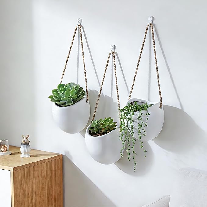 Set of 3 Ceramic Wall Hanging Pocket Planters for Small Plants & Artificial Greenery, Wall Decor for Bathroom Living Room Kitchen Bedroom Corridor Office