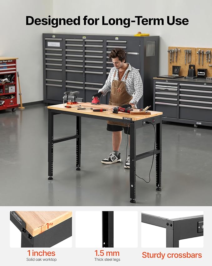 VEVOR Adjustable Workbench, 48 x 20-inch Heavy Duty Work Bench with 28.5-38.3 Inches Height Adjustment, 2000 lbs Capacity Garage Workbench with Power Outlets, Suitable for Office, Garage, Workshop