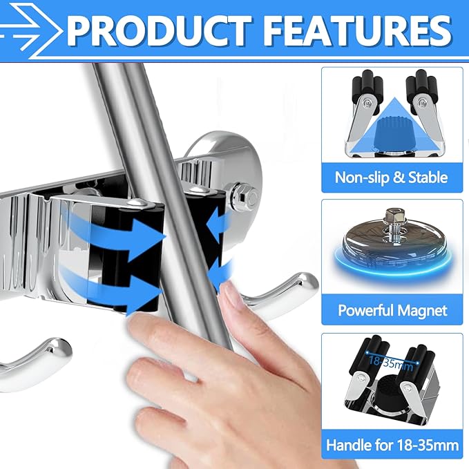 3-H Magnetic Broom Holder Wall Mount 2 Pack, 2-in-1 Dual Mount (No Drill or Screw Fix), 304 Stainless Steel Heavy Duty Magnet Mop Broom Organizer for Kitchen Garden Garage(3 Racks & 4 Hooks, Silver)