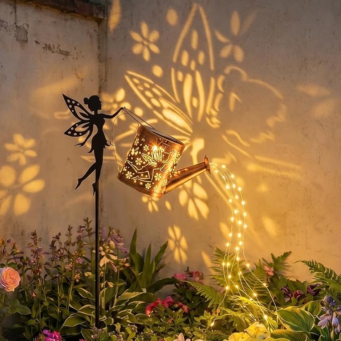 Solar Garden Outdoor Decorative, Watering Can with Layered Lighting, Featuring Metal Silhouette Garden Stake, Mother's Gift for Women, Waterproof Garden Decor (Fairy)