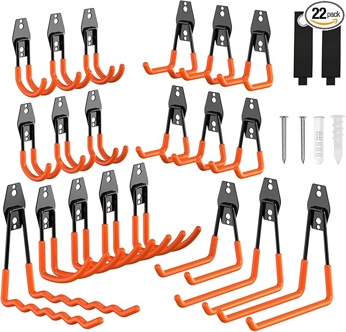 22Pack Garage Hooks Heavy Duty Utility Steel Garage Storage Hook Organization Wall Mount Hooks for Hanging Bike, Ladder and Garden Tools