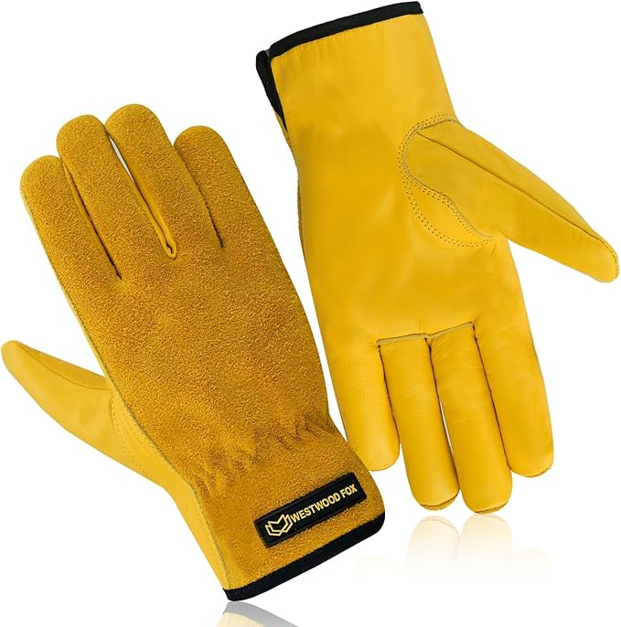 WESTWOOD FOX Work Gloves Men Heavy Duty Leather Gardening Gloves for Thorn Resistant Padded Palm Utility Working