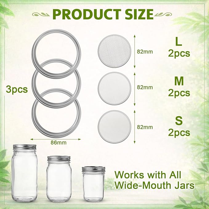 Sprouting Growing Lids for Wide Mouth Mason Jars,Sprouting Lids with 3 different orifice sizes,Alfalfa & Mung Bean Sprouts Grow Kit,L,M,S Strainer mesh(9 Pcs,Silver,Stainless Steel)