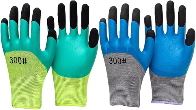 2/6 Pair Gardening Gloves ，Safety Work Gloves ，Rubber Protective Work Gloves with Gripper， Medium, Green and Blue