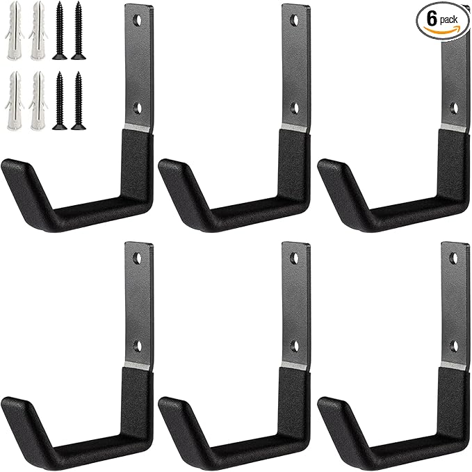 Heavy Duty Wall Mount Hooks - 6 Pack, Small, Organizer with U Hooks Hangers for Garden Hose, Tools & More