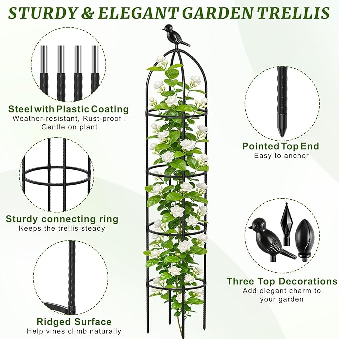 Fabulas Obelisk Trellis for Climbing Plants, 6 Ft Garden Obelisk Trellis Rustproof Plastic Coated Metal Vine Plant Support Cage for Pots, Morning Glory, Clematis, Rose, Indoor and Outdoor Use, 1 Pack