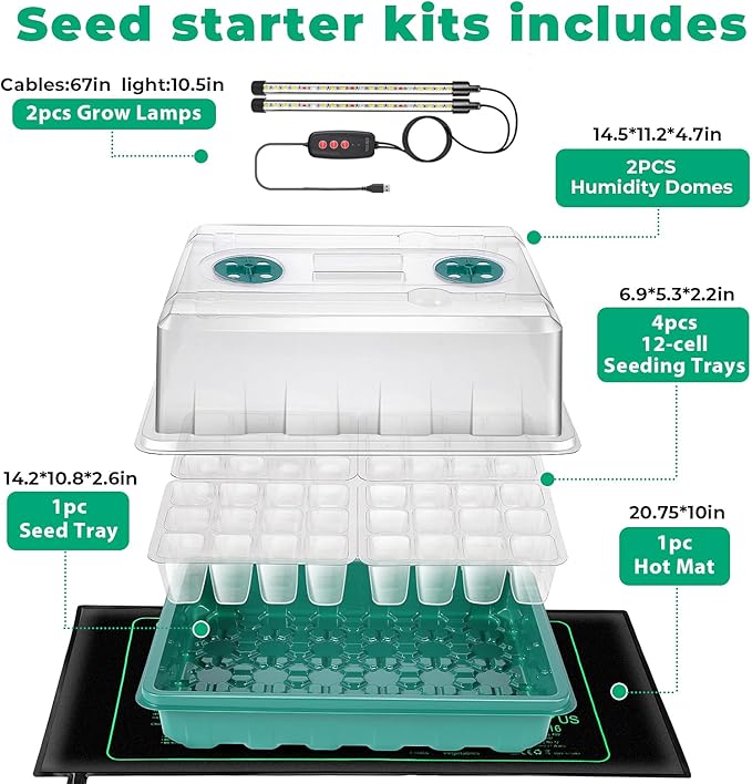 Seed Starter Tray, Seed Starter Kit with Grow Lights and Heat Mat, 48-Cell Seed Growing Tray, Seed Starting Trays Plant Starter Kit and Base, Indoor Gardening Plant Germination Trays