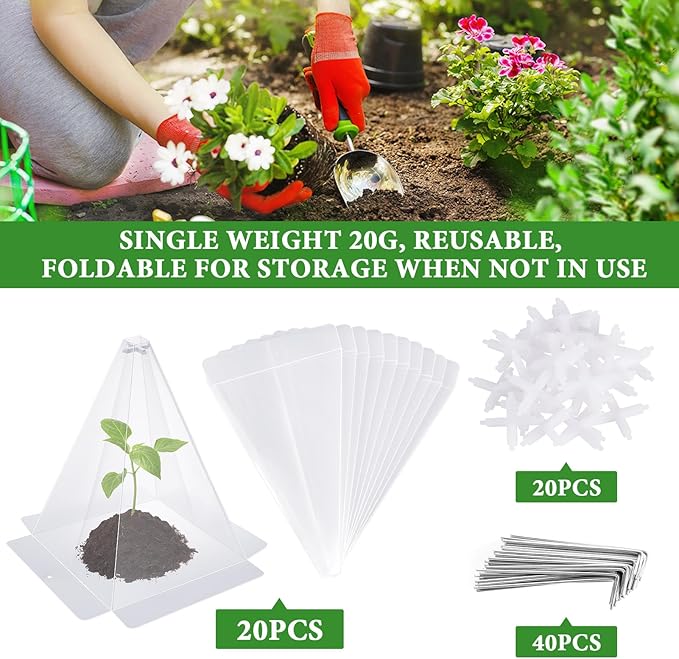 Garden Cloches for Plants, 20 Pack Plastic Small Plant Seedling Protector, Reusable Clear Bell Covers with 40pcs Metal Stakes, Mini Greenhouse Against Sun, Frost, Snails, Birds, 7.8" x 11"