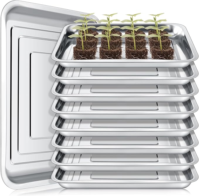 10 Pcs Stainless Steel Seed Starter Tray, Stainless Metal Garden Trays, Nursery Seedling Pots for Collection Transplantation & Propagation Flats, No Drain Holes(10.6 x 7.9 x 1.4 Inch)