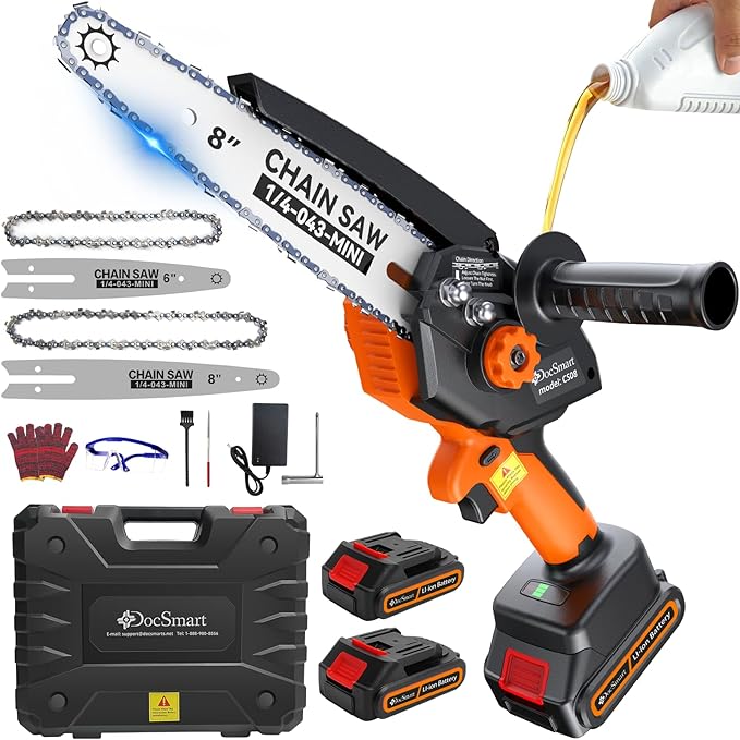 Electric Mini Chainsaw for Pruning Small Trees, Brushless 8 inch & 6 inch Portable Hand Saw with 2 Rechargeable Batteries, 1000W Handheld Chain Saw for Wood Cutting, Gardening Gifts for Father’s Day