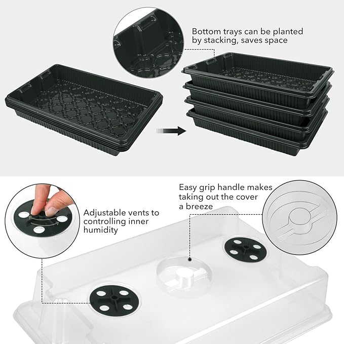 5-Set Seed Starter Tray Kits, Durable Plant Germination Trays with Humidity Vented Domes and Bases, Ideal for Seed Starting, Indoor Gardening, and Greenhouse (Total 200 Cells)