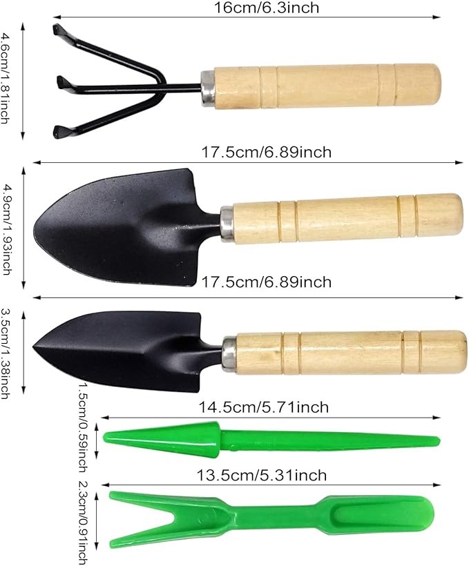 Honbay 5PCS Mini Garden Tool Hand Planting Tools Small Shovel Rake Spade with Wood Handle Plastic Dig Seedling Tool Hole Puncher for Pot Planting Transplanting and Digging