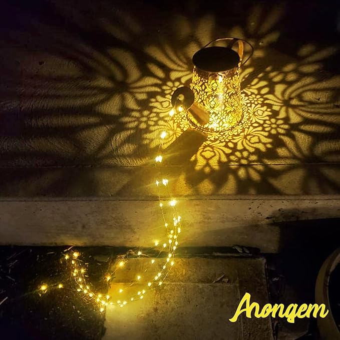 Solar Watering Can Light - Metal Openwork Lotus Flower with Hook - Waterproof Hanging Lantern Outdoor Garden Yard Decorations - Birthday Gardening Gifts for Mom Grandma