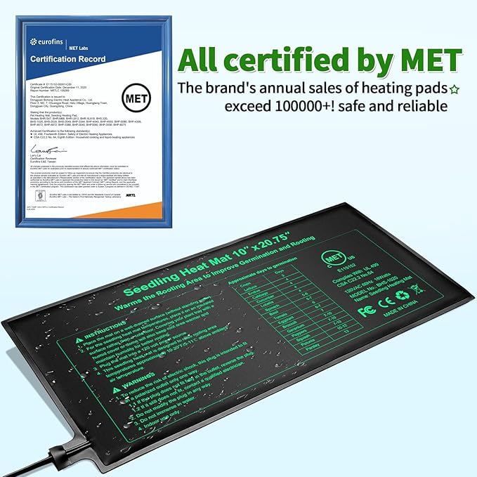 Seedling Heat Mat with Thermostat Pack of 4, Dual Certified by MET and UL Plant Heating Mat Pad Equipped with A Temperature Probe, It Automatically Maintains A Constant Temperature