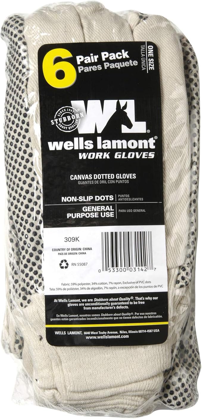 Wells Lamont Canvas Work Gloves, Economy Dotted, 6 Pair Pack (309K)