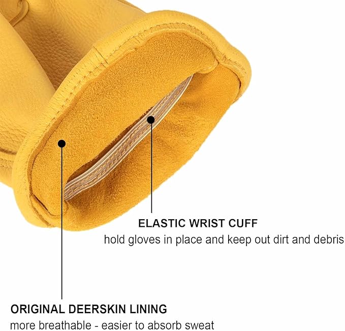 OZERO Leather Work Gloves: Mens Deerskin Gloves Soft Breathable Abrasion Resistant Gardening Firewood Glove - for Driving Riding Yardwork Ranch Farm Hunting Garage DIY for Men & Women (Gold,S)