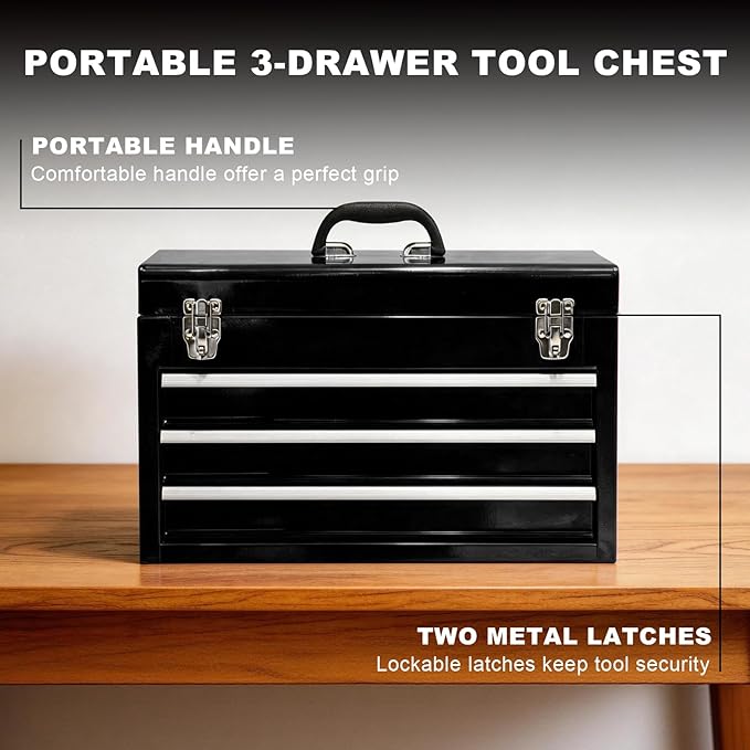 3 Drawer 20“ Metal Tool Box Portable Steel Tool Chest with Metal Latch Closure for Garage, Home and Workbench,Black