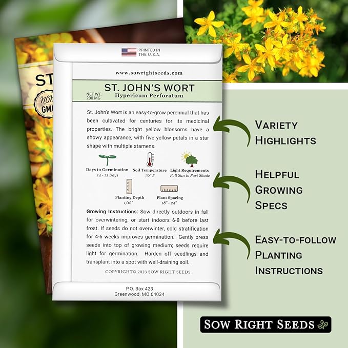 Sow Right Seeds - St John’s Wort Seeds for Planting - Non-GMO Heirloom Packet with Instructions to Plant & Grow an Outdoor or Indoor Herb Garden - Native Wildflower with Medicinal & Culinary Uses (4)