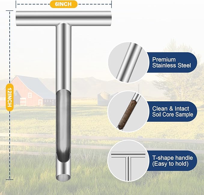 12 Inch Soil Sampler Probe, Stainless Steel Soil Core Sampling Tool with T-Handle, Heavy Duty Soil Probe for Lawn, Garden, Farm & Soil Testing