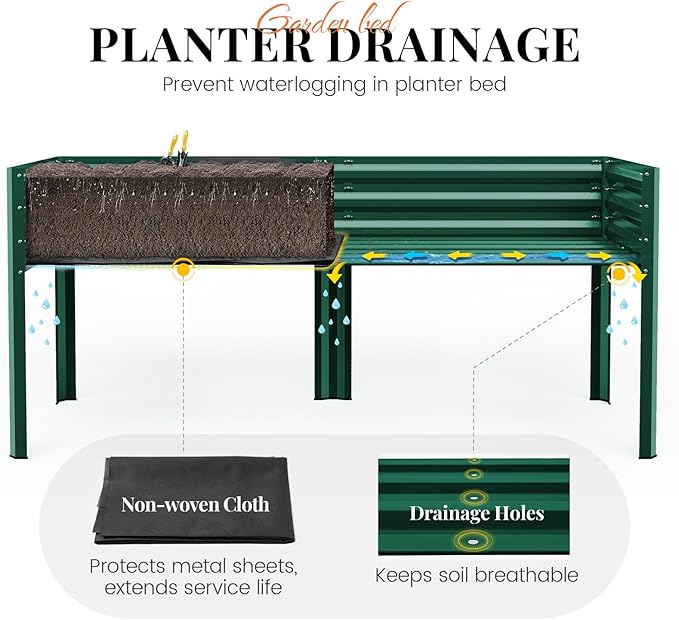 KING BIRD Large Raised Garden Bed with Legs & Storage Shelf Galvanized Elevated Planter Box for Backyard, Patio, Balcony, 600lb Capacity, Green 70.9x22.8x31.5 in