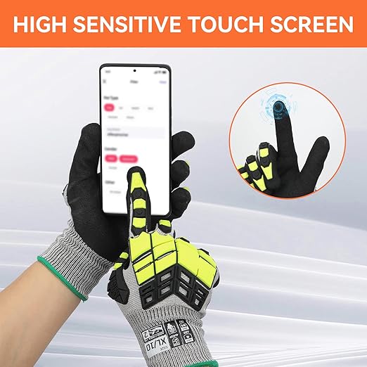 Safety Work Gloves,Impact Gloves for Men Women,Cut Resistant Non-Slip Heavy Duty Gloves with Nitrile Grip,Touch Screen Glove with Impact Protection for Gardening Mechanic Construction, Small