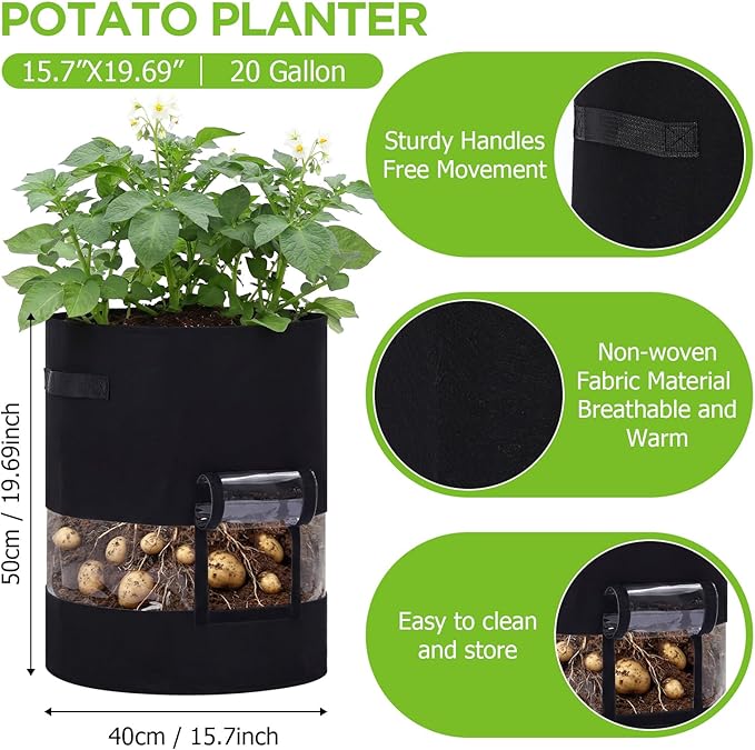 Baderke 2 Pack Visible Potato Grow Bags with Harvest Window, 360 Visibility Plant Grow Bags with Handles for Planting Potatoes, Tomatoes and Vegetables (20 Gallon,Black)