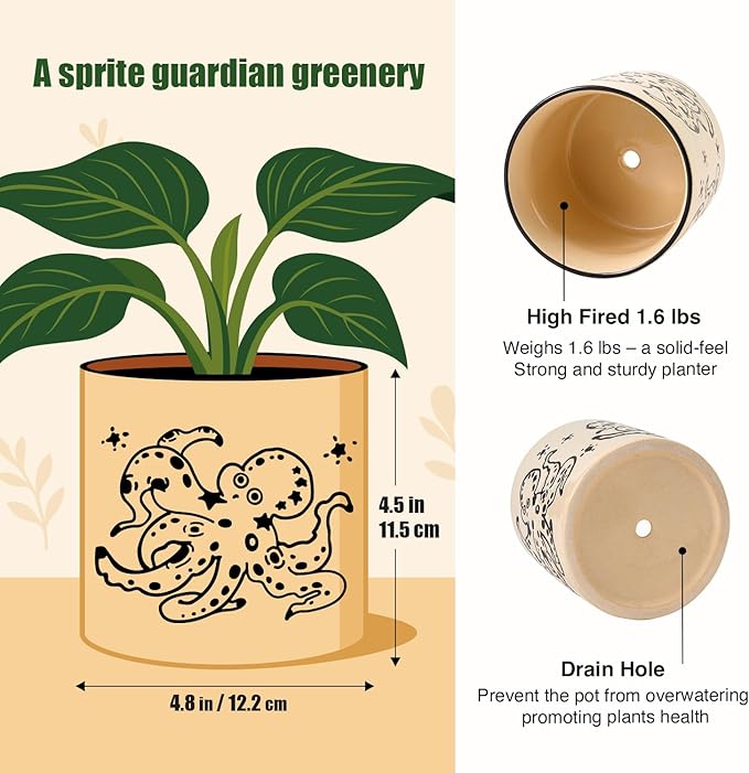 STHIE 5 Inch Ceramic Plant Pots with Drainage Holes, Small Round Flower Pots for Indoor Plant, Unique Animal Flower Planters (Octopus)