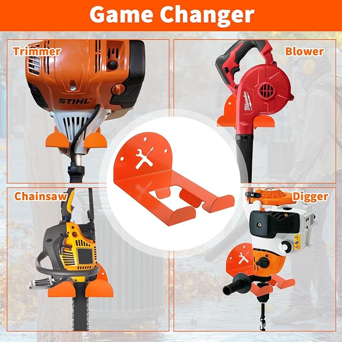 Upgraded Trimmer Rack Wall Mount - 8" Heavy Duty Weed Eater Hanger for Garage Wall, Garden Power Tool Holder Organizer Hooks for Grass Trimmer, Hedge Trimmer, Leaf Blower and Chainsaw, Orange, 2 Pack
