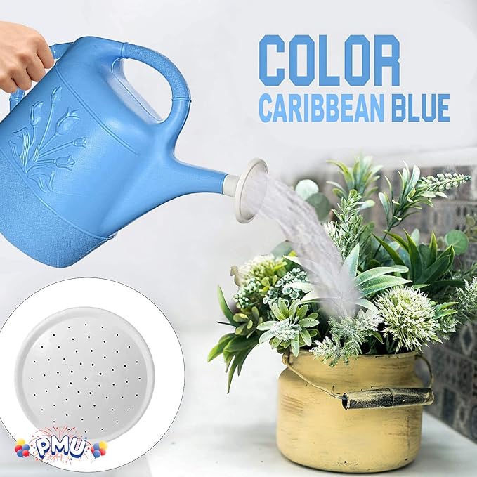 PMU 2 Gallon Watering Can - Garden Watering Can for Indoor & Outdoor Plants - Plastic Water Can with Detachable Sprinkler Head - Large Water Pot, Made in USA - Blue Pkg/12