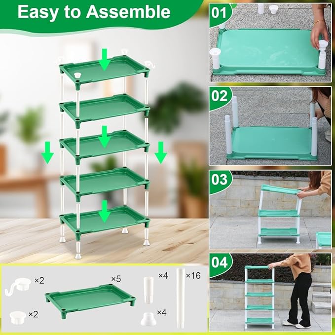 5-Tier Seed Starter Tray, Plant Stand Designed for Cell Trays and Small Pots for Gardening Indoor Outdoor Growing (Green)